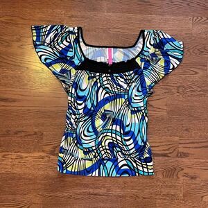Y2K Blue & Green Abstract Print Ruffle Trim Flutter‎ Sleeve Top Medium